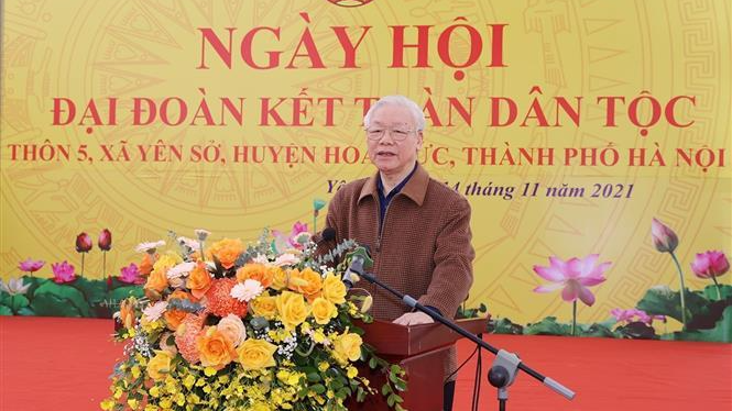 Tổng Bí thư Nguyễn Phú Trọng phát biểu tại Ngày hội Đại đoàn kết toàn dân tộc ở thôn 5, xã Yên Sở, huyện Hoài Đức. Ảnh: Trí Dũng/TTXVN