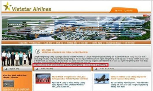 Website của Công ty cổ phần Hàng không Lưỡng dụng Ngôi sao Việt (Vietstar Airlines – VSA) đăng tải thông tin khẳng định doanh nghiệp này là đơn vị kinh tế thuộc Quân chủng Phòng không – Không quân, Bộ Quốc phòng. (Ảnh chụp màn hình)