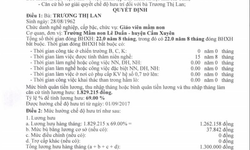 Theo các quy định của Nhà nước thì BHXH tỉnh Hà Tĩnh tính mức tiền lương hưu hàng tháng đối với bà Trương Thị Lan là hoàn toàn đúng quy định