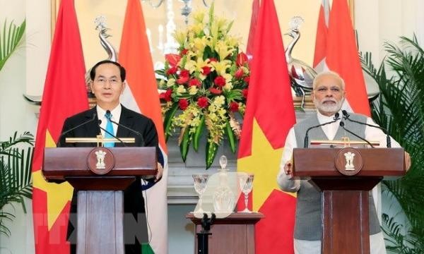 Ngày 3/3/2018, tại Thủ đô New Dehl, Chủ tịch nước Trần Đại Quang và Thủ tướng Cộng hoà Ấn Độ Narendra Modi họp báo sau khi kết thúc hội đàm. (Ảnh: Nhan Sáng/TTXVN)