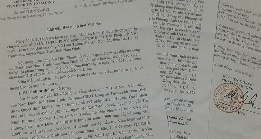 Văn bản của VKSND tỉnh Nam Định gửi Báo PLVN