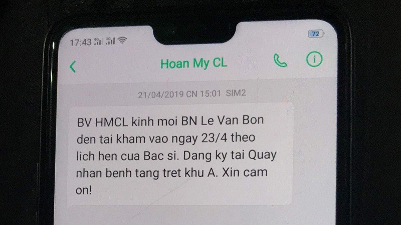 Tin nhắn được cho là của Bệnh viện Hoàn Mỹ Cửu Long gửi kêu ông Bon đi khám bệnh