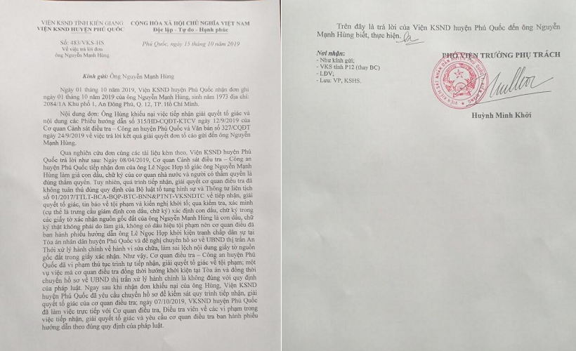 Văn bản trả lời khiếu nại của VKSND huyện Phú Quốc