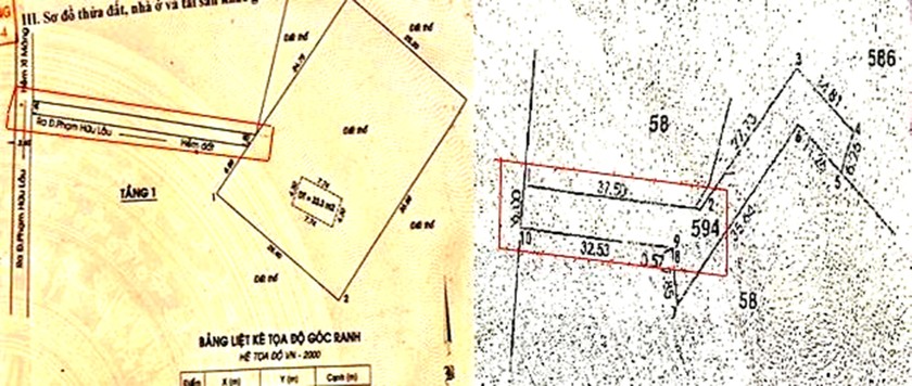 Phần đất (khoanh có dấu x) là lối đi vào phần đất của ông Hiền được thể hiện ở Sơ đồ thửa đất, nhà ở và tài sản khác gắn liền với đất (hình trái), nay được cấp cho người khác (hình phải)