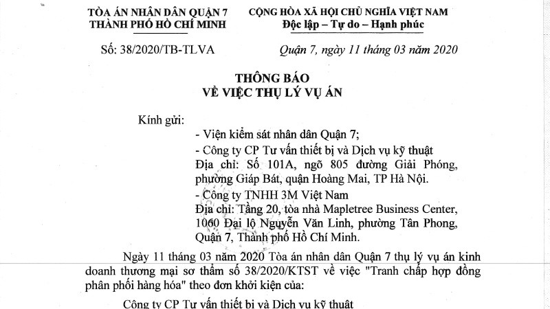 Thông báo thụ lý vụ kiện của TAND quận 7