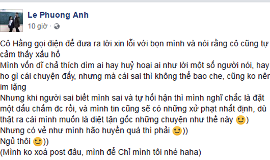 Cô L.H.đã gọi điện xin lỗi em Phương Anh sau khi em đăng bài viết tố cáo cô "ăn cắp chất xám".