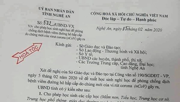 Công văn hỏa tốc cho học sinh các cấp nghỉ học để phòng, chống dịch bệnh 