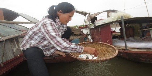 Vợ ông Mạnh rửa cá, làm cá luôn bên sông.