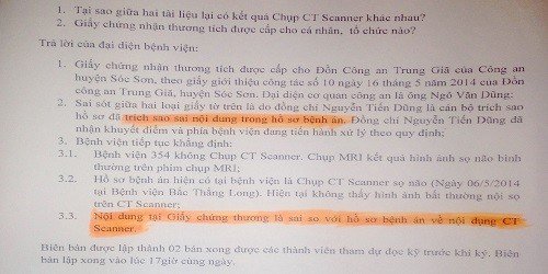 lBiên bản làm việc thể hiện lãnh đạo Bệnh viện 354 thừa nhận việc cấp Giấy chứng thương sai lệch.