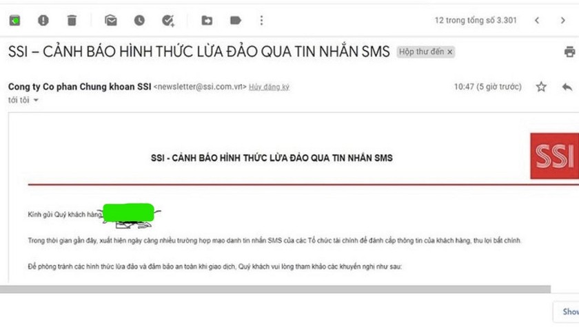 Công ty chứng khoán SSI cảnh báo tin nhắn lừa đảo