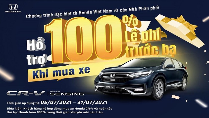 Hỗ trợ 100% lệ phí trước bạ cho khách hàng mua Honda CR-V trong tháng 7/20/21