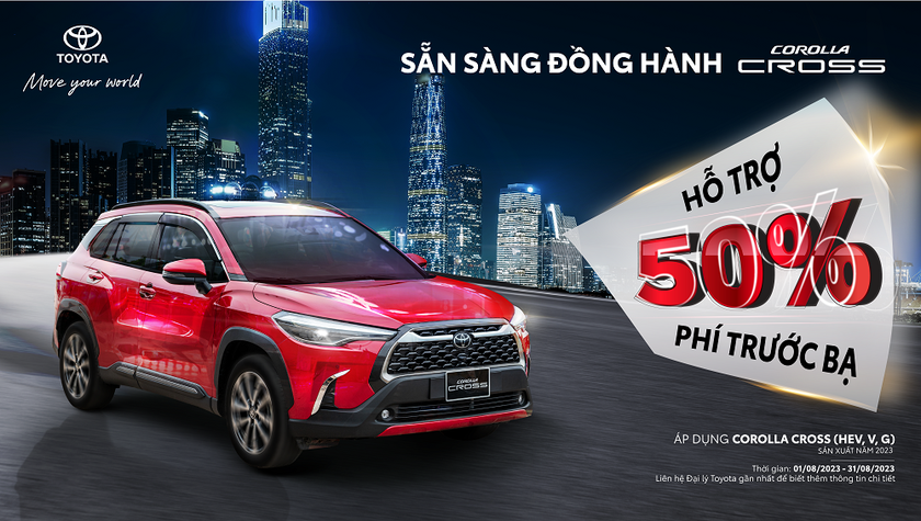 Hệ thống Đại lý Toyota tiếp tục chương trình khuyến mãi 50% lệ phí trước bạ cho xe Corolla Cross trong tháng 8/2023