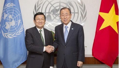 Chủ tịch nước Trương Tấn Sang hội kiến với Tổng Thư ký Liên hợp quốc Ban Ki Moon nhân chuyến dự Hội nghị thượng đỉnh Liên Hợp Quốc.- Ảnh: U.N