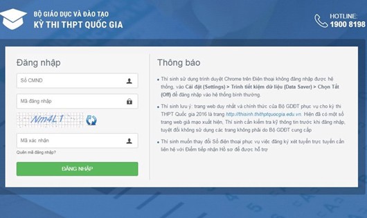 Giao diện trang giả mạo tại địa chỉ http://thithptquocgia2016.com có thiết kế gần như giống hệt trang chính thức của Bộ Giáo dục và Đào tạo.