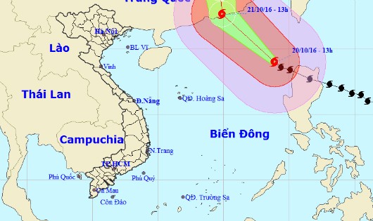 Vị trí tâm bão và đường đi bão lúc 13h hôm nay, 20/10.