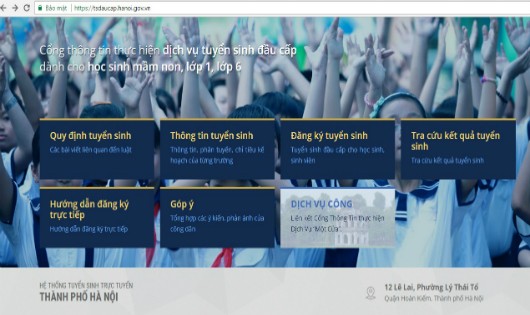 Giao diện Cổng thông tin tuyển sinh trực tuyến đầu cấp Hà Nội.