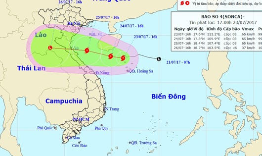 Vị trí tâm bão và đường đi bão số 4 vào 16h hôm nay, 23/7.