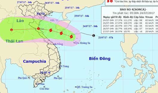 Vị trí tâm bão và đường đi bão số 4 lúc 4h hôm nay, 24/7.