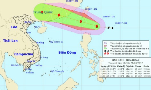 Vị trí và đường đi bão Hato vào đầu giờ chiều nay, 21/8.