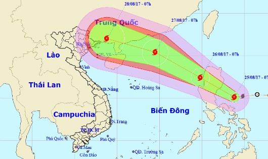 Vị trí tâm bão và đường đi của bão sáng nay, 25/8.