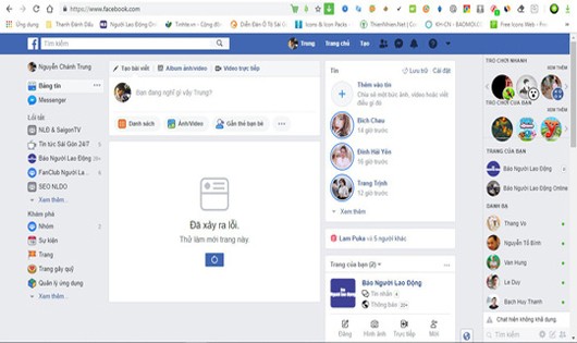 Trên Facebook của người dùng, phần News Feed không hiển thị bất kỳ thông tin gì ngoài dòng thông báo lỗi.