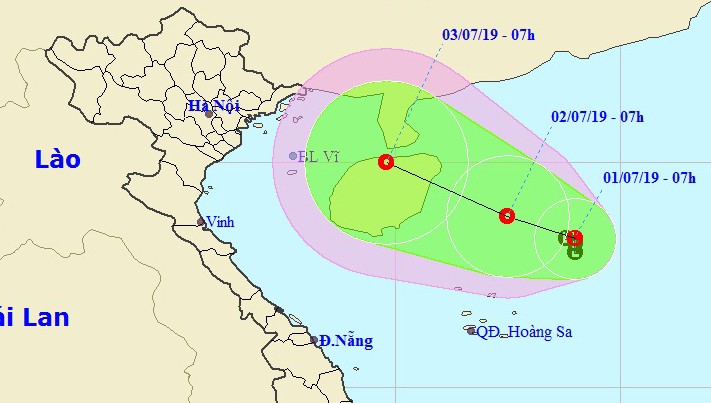 Vị trí và đường đi của áp thấp trên Biển Đông sáng nay, 1/7.