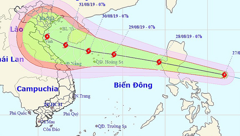 Đường đi của bão Podul sáng nay, 27/8. 