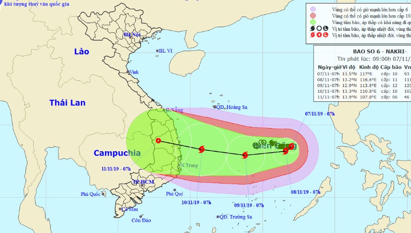 Vị trí và đường đi của bão số 6 vào 7h hôm nay, 7/11.