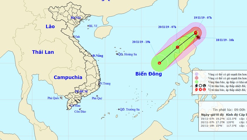 Vị trí tâm bão và hướng đi của bão khoảng 7h hôm nay, 19/11.