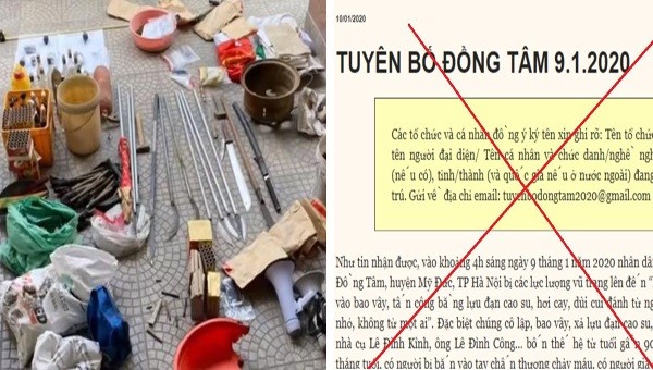 Số hung khí, vũ khí nguy hiểm Công an thu giữ tại Đồng Tâm của các đối tượng gây rối và bản tuyên bố xuyên tạc sự thật.