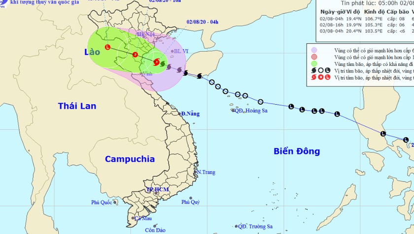 Vị trí tâm bão và đường đi của bão.