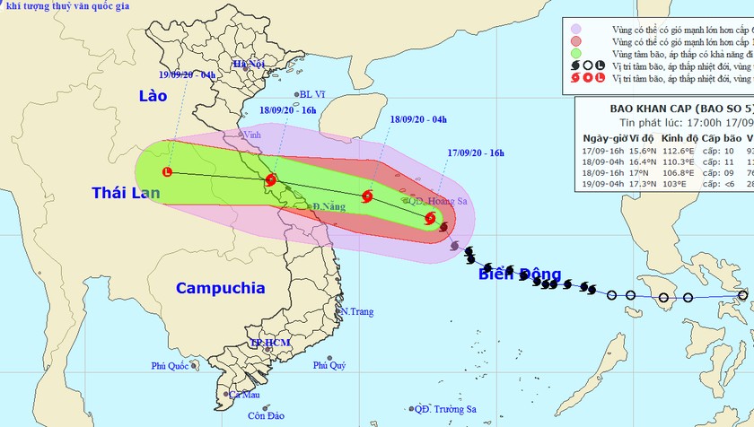 Vị trí tâm bão và đường đi cùa bão chiều tối nay, 17/9.