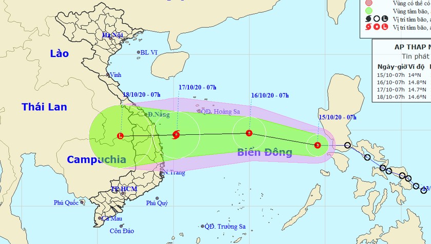 Vị trí tâm và đường đi của ATNĐ sáng nay, 15/10.