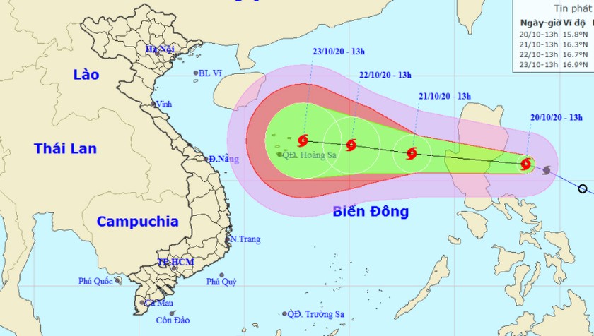 Vị trí tâm bão và đường đi của bão chiều nay, 20/10.