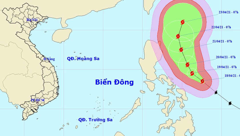 Vị trí tâm bão và đường đi siêu bão sáng 18/4.