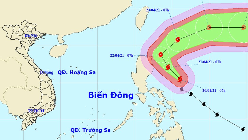 Vị trí tâm bão và đường đi của siêu bão sáng nay, 20/4.