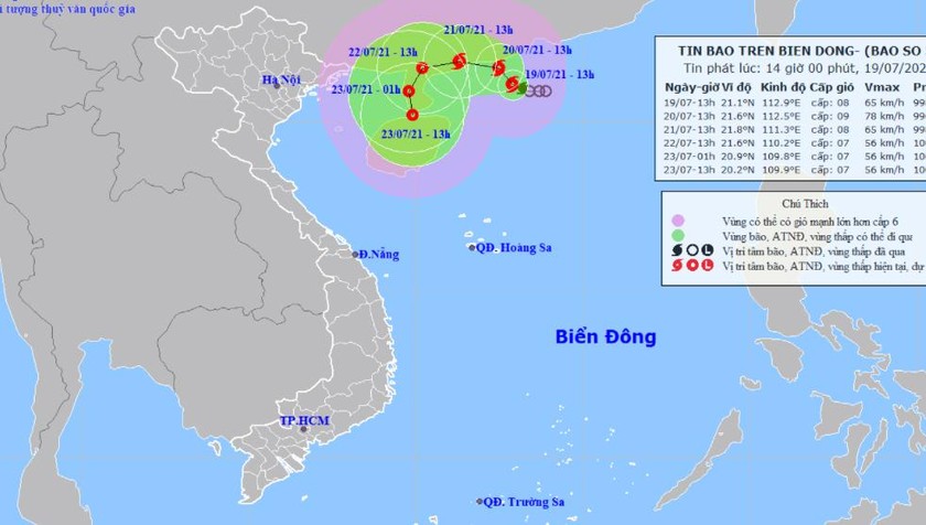 Vị trí tâm bão và đường đi của bão lúc 13h hôm nay, 19/7.