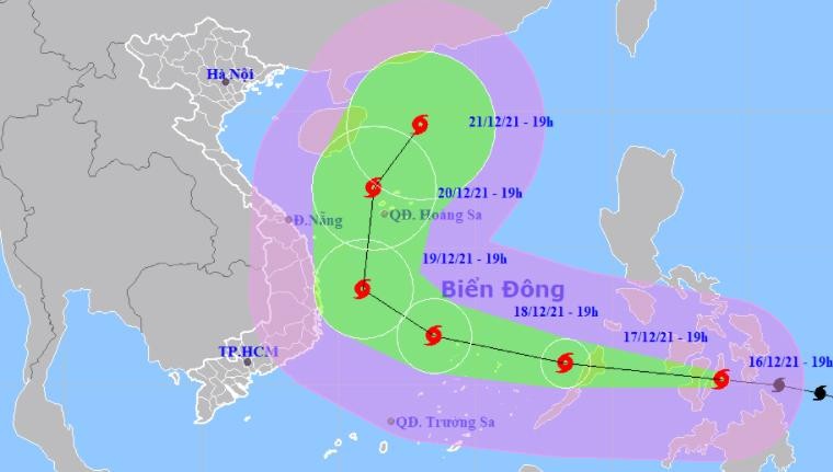 Vị trí tâm bão và đường đi của bão tối nay, 16/12.