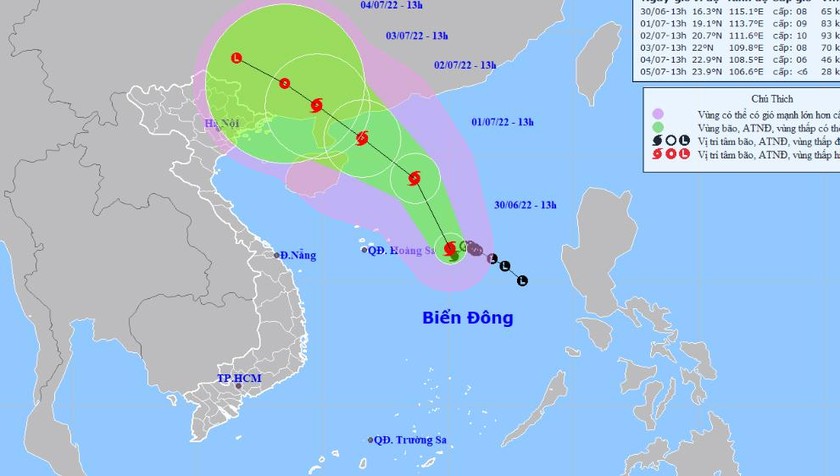 Vị trí tâm bão và đường đi bão sô 1 chiều nay, 30/6.