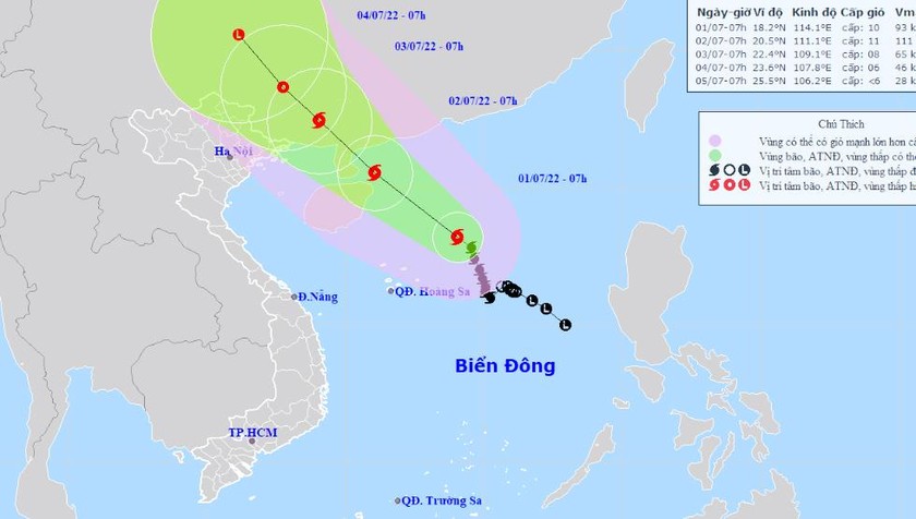 Vị trí tâm bão và đường đi bão số 1 sáng nay, 1/7.