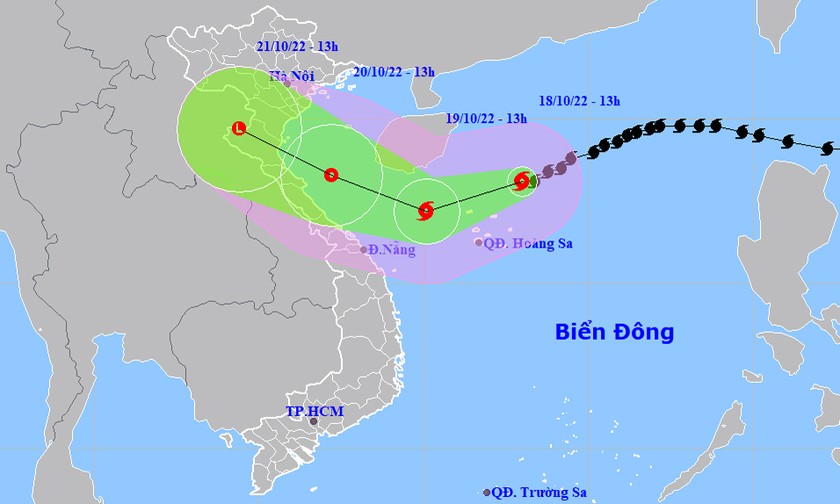 Vị trí và đường đi bão số 6 trên Biển Đông chiều nay, 18/10.