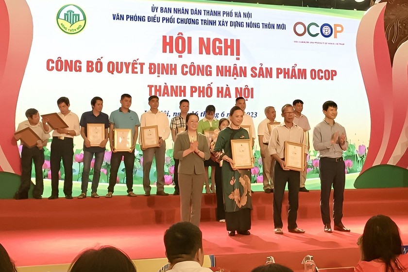 Các cá nhân, đơn vị được trao giấy chứng nhận sản phẩm OCOP năm 2022, tại buổi Hội nghị sáng nay (16/6).