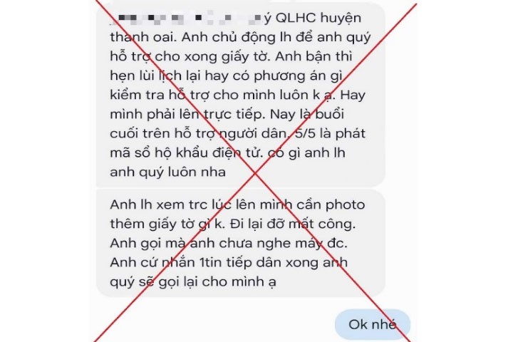 Tin nhắn giả mạo cán bộ Công an huyện Thanh Oai yêu cầu cập nhật dữ liệu dân cư.
