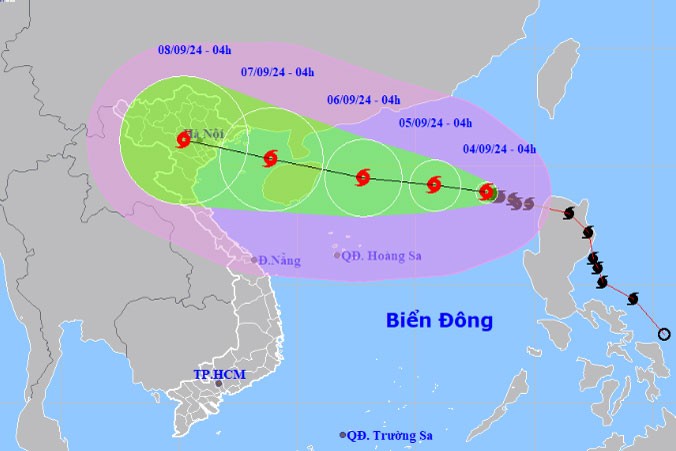 Vị trí tâm bão và đường đi bão số 3 sáng nay, 4/9.