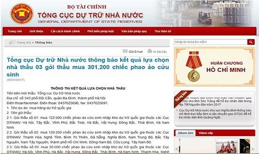 Thông báo kết quả trúng thầu mua 301.200 phao áo cứu sinh được Tổng cục Dự trữ Nhà nước đăng tải trên website ngày 05/01/2017.