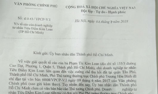 Văn bản chỉ đạo mới nhất của VPCP liên quan đến tố cáo của công ty Kim Loan
