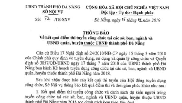 Thông báo của Sở Nội vụ TP Đà Nẵng về kết quả chấm lại bài thi Kỳ thi tuyển công chức 2018.