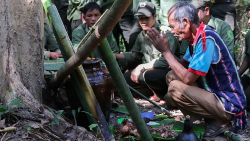 Già làng Siu Tới tiến hành nghi thức cúng thần rừng.