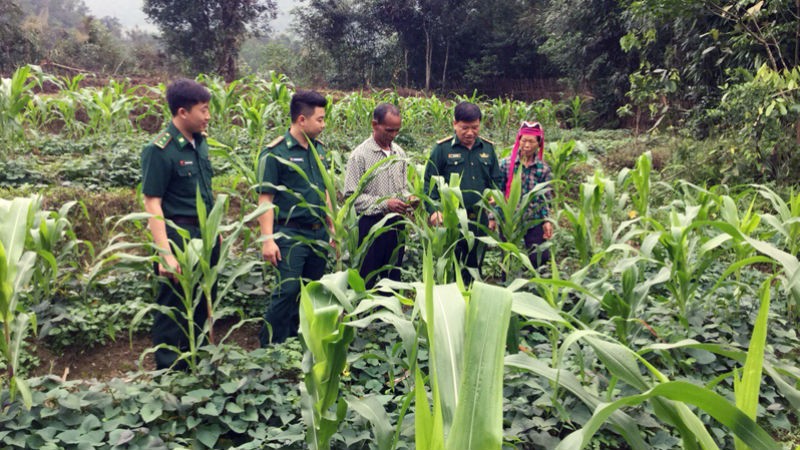 Thượng tá Phùng Thế Vinh - Chính trị viên Đồn Biên phòng Quảng Đức (thứ hai, trái sang) được chỉ định bổ sung vào Huyện ủy Hải Hà xuống địa bàn nắm tình hình phát triển kinh tế của đồng bào.