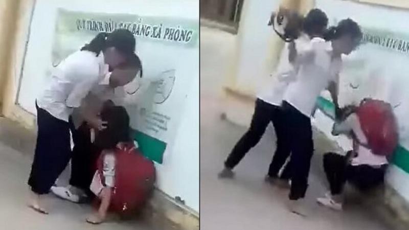 Nữ sinh Nghệ An bị bạn đánh trước cổng trường.